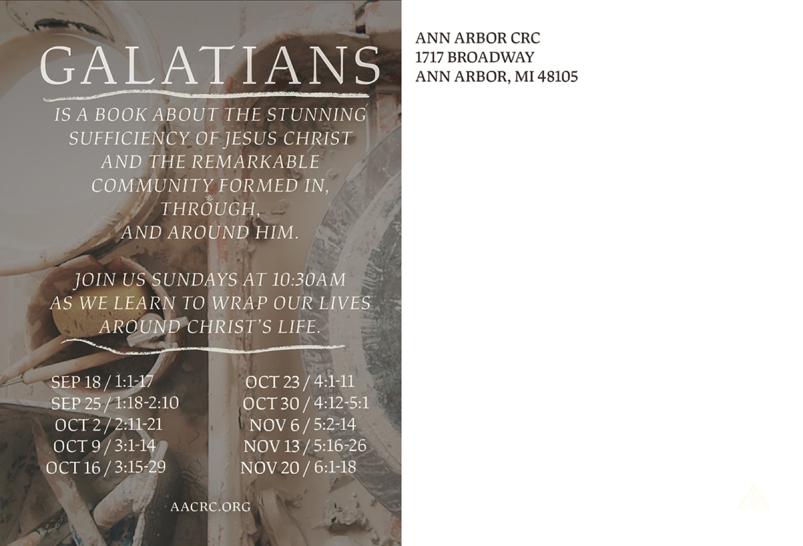 Galatians postcard back with series description and week-by-week schedule