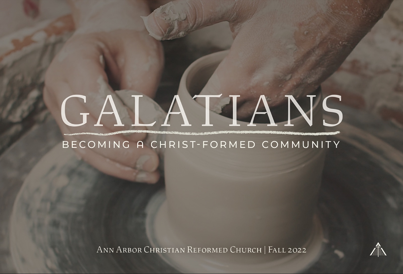Galatians postcard front — hands shaping a clay vessel on a pottery wheel