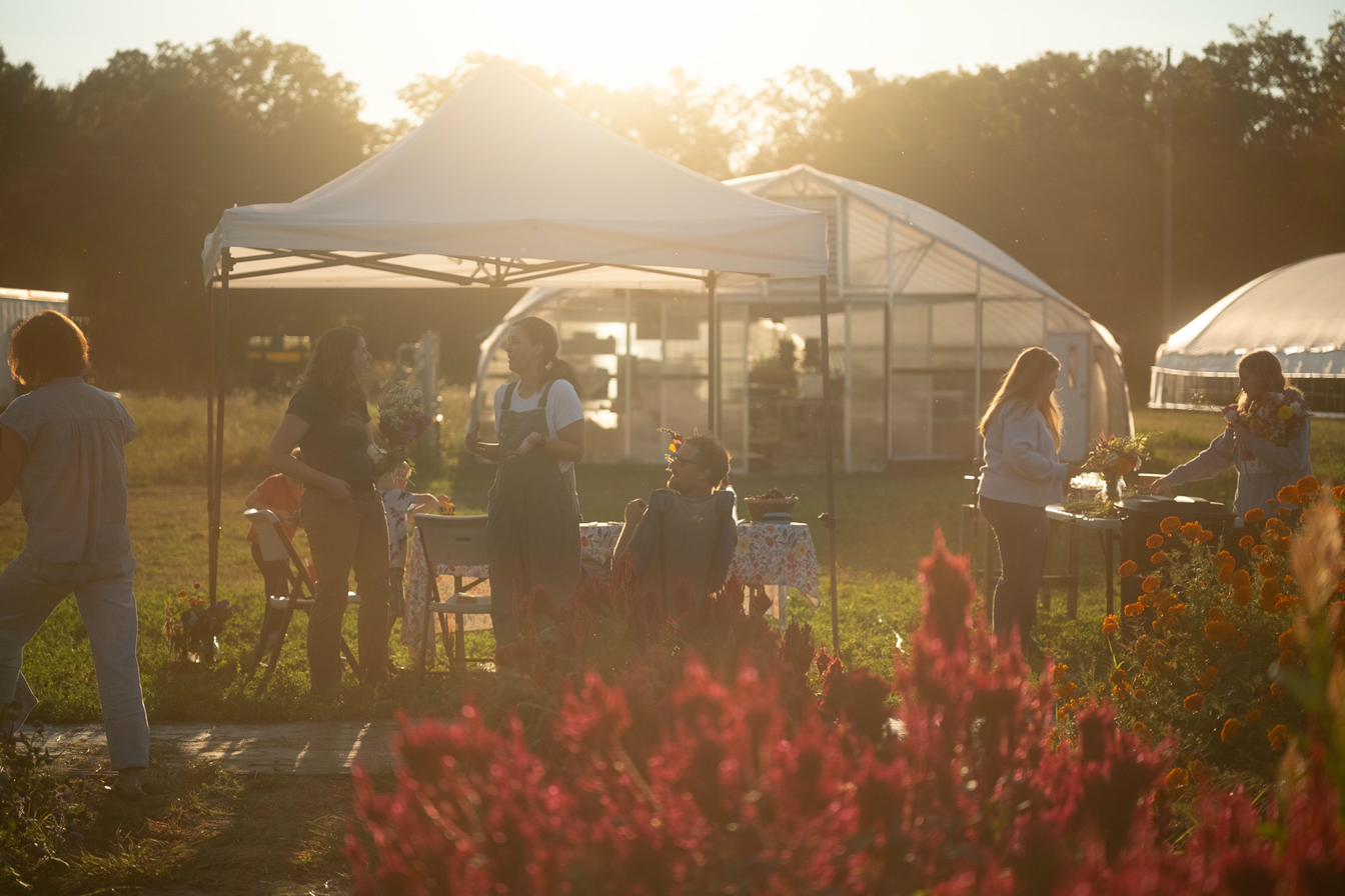 Community gathering at a flower farm at golden hour