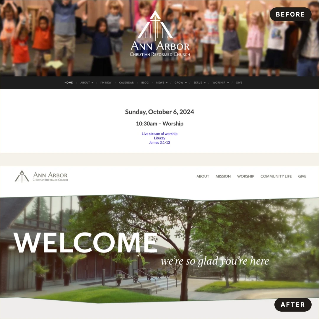The aacrc.org homepage before (WordPress) and after (Squarespace), split on a diagonal