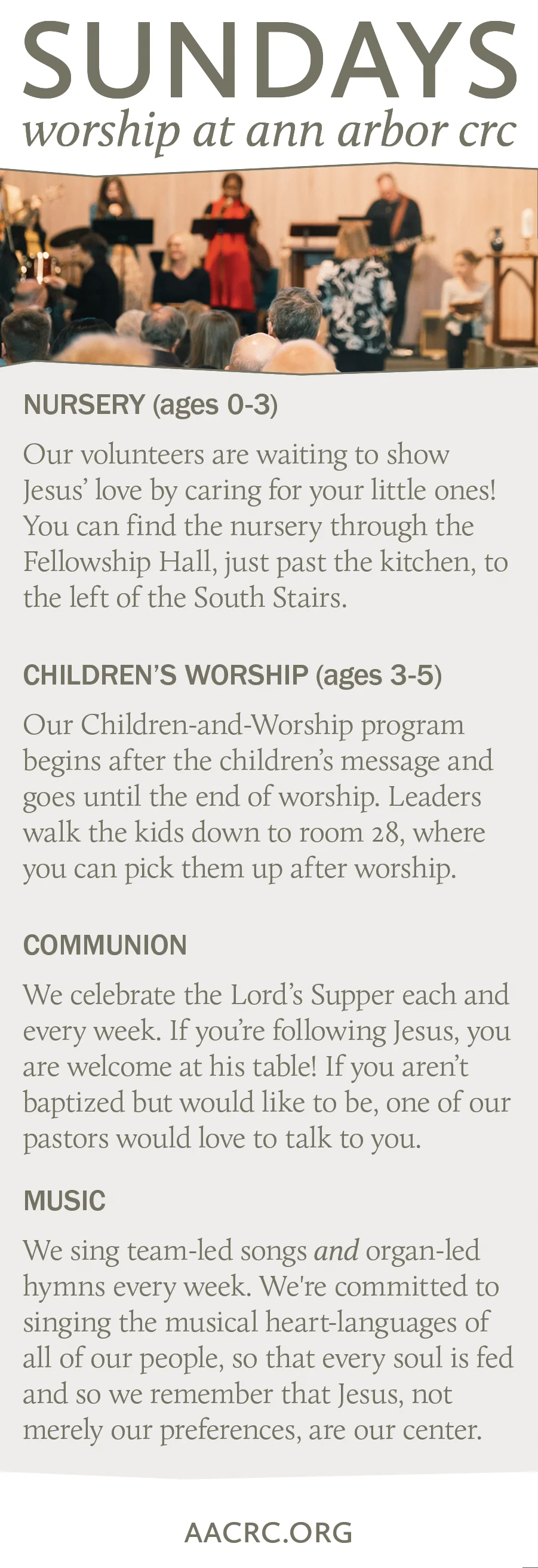 Welcome card back — 'SUNDAYS, worship at ann arbor crc' with nursery, children's worship, communion, and music details
